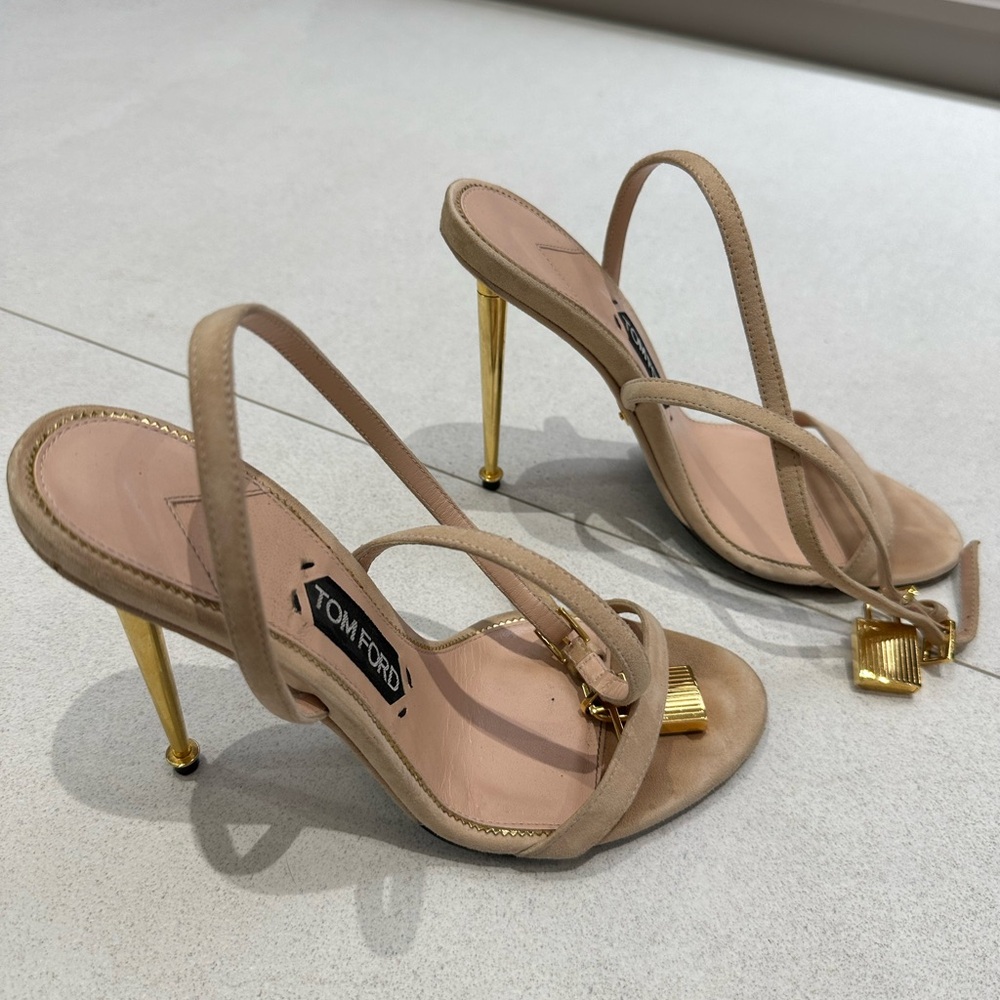 Tom Ford Nude Beige Suede Strappy Sandals with Gold Heel